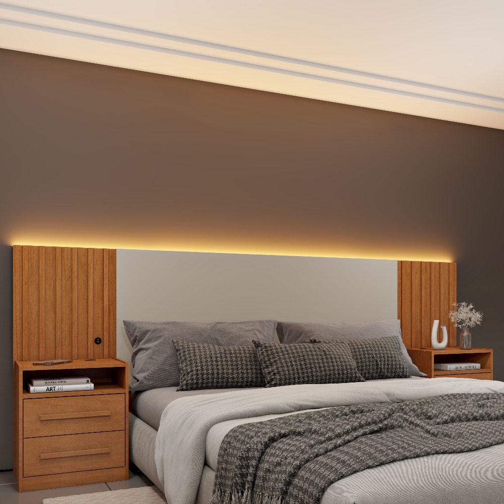 Dormitório Cabeceira box casal ripada com Led e Usb Barcelona